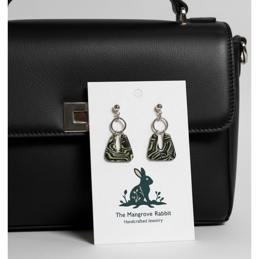Green & Black Marbled Print Handmade Polymer Clay Dangle Earrings SS Posts